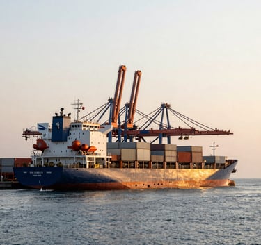 A wide-angle shot of cargo ships at a modern Southeast Asian / Indonesian port during sunset, warm lighting, Muted Steel Blue ocean colors and a clear Elegant Pearl White sky.