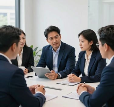 A group of professionals in a modern Southeast Asian / Indonesian office having a strategy meeting, focused on a tablet, bright natural lighting, Deep Midnight Blue and Elegant Pearl White accents in the minimalist office decor.