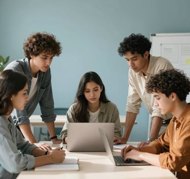 A group of diverse young professionals and students collaborating around a large table in a clean, modern workspace with soft azure walls and natural sunlight.