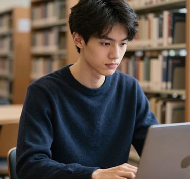 A focused university student in a deep navy sweater sitting in a high-tech library, soft natural light illuminating her face as she works on a sleek laptop.