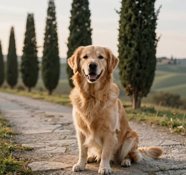 A happy Golden Retriever sitting on a stone path in Fiesole, Italy, with cypress trees and a soft-focus Tuscan landscape in the background, warm morning sunlight, photography.