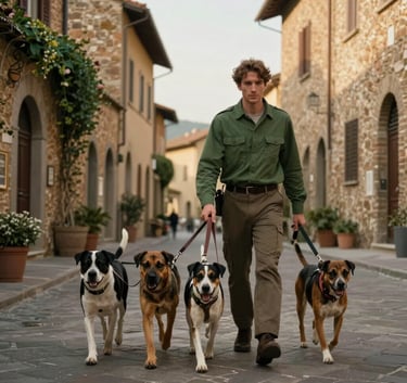 A professional dog walker leading three well-behaved dogs through the historic streets of Fiesole, Southern European style attire, soft afternoon light, warm green and tan color palette.