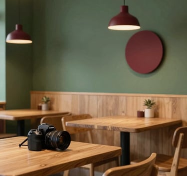 A cozy, Scandinavian-style restaurant interior in a North American / US neighborhood. Minimalist wooden furniture, matte forest green walls, and soft warm lighting hitting deep ripe crimson decorative elements. A professional camera sits on a table, hinting at content creation.