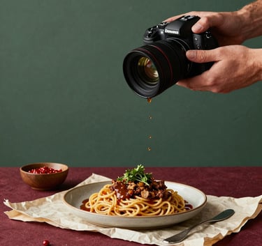 A professional food photographer in a North American / US studio setting capturing a beautifully styled rustic meal. The composition is cozy and clean with a matte forest green background, deep ripe crimson table accents, and crisp parchment highlights.