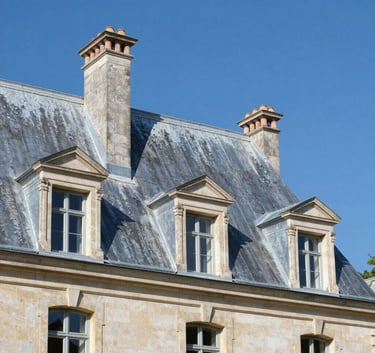 Professional architectural photography of a renovated French manor with a stunning new zinc roof and elegant stone chimneys, clear blue sky.