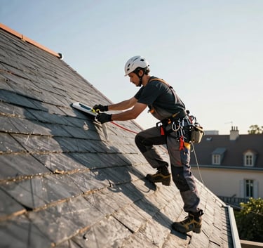 Photography of a skilled roofer in professional workwear, installing dark slate tiles on a steep roof, European / French architecture, bright morning light.