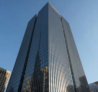 A low-angle, wide-angle photograph of a modern glass skyscraper in a North American business district, reflected sunlight on sleek panels, crystal clear blue sky, conveying corporate stability and strength.