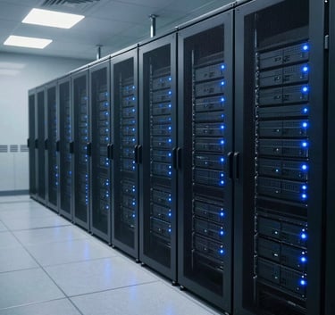 Interior view of a professional data center in the US, neat rows of server cabinets with soft blue LED indicators, polished floors, bright and clinical environment representing high-tech reliability.