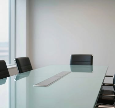 A sophisticated North American boardroom setting with clean architectural lines, featuring a glass table reflecting light mint and steel blue accents.