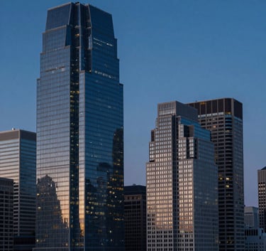 A wide-angle landscape shot of a North American tech hub skyline at twilight, dominated by deep navy and steel blue sky with sharp glass architecture.