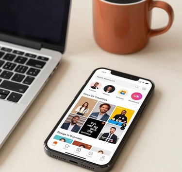 A close-up of a high-end smartphone and laptop in a North American / US office setting, displaying vibrant social media profiles. The environment is clean and professional, with a warm terracotta coffee mug and soft cream desk surface.
