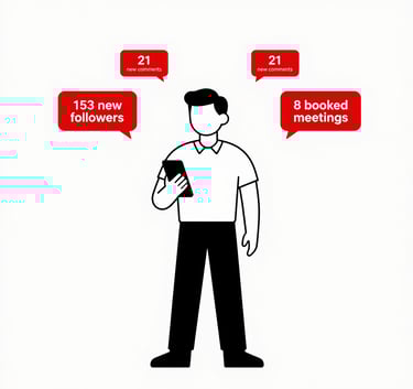 A group of professional marketing experts collaborating in a bright, modern North American / US studio office. They are gathered around a large screen, showing a professional and results-driven atmosphere. The room features soft cream walls and muted steel blue furniture accents. Natural morning light fills the space.