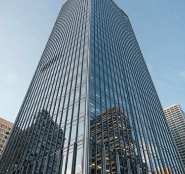 A wide-angle, low-angle shot of a modern glass office skyscraper reflecting the blue sky in a prominent North American / European business district, sharp lines, clean composition, sophisticated atmosphere.