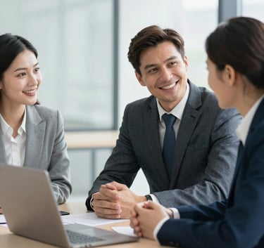 Two focused business professionals in tailored suits discussing market strategies in a minimalist, sun-drenched glass boardroom, North American / European business environment, authoritative and trusting mood.