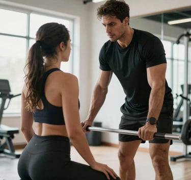 A fitness professional in a modern North American studio provides expert coaching to a motivated client, focused on functional movement and strength, bright natural light.