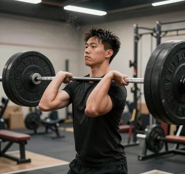 Action photography of an athlete's hands gripping a heavy barbell in a high-end North American gym, dust in the air, energetic atmosphere, professional lighting.