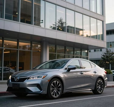 A sleek modern sedan parked in front of a contemporary glass office building in Tacoma, Washington, soft daylight, professional North American / US atmosphere.