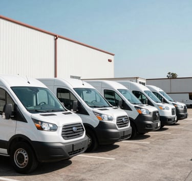 A diverse fleet of commercial vans and trucks lined up in a bright industrial parking lot under a clear sky, North American / US commercial setting, sharp focus.