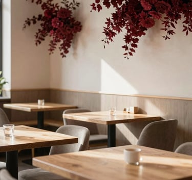A cozy, Scandinavian-style restaurant interior with light wooden tables, crisp parchment walls, and deep ripe crimson floral accents. Empty and peaceful morning light.