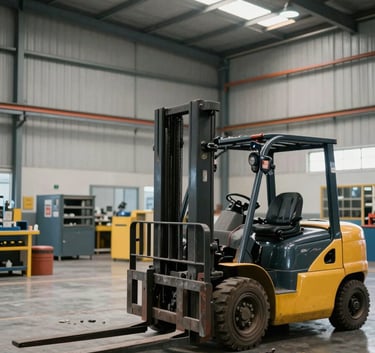 Wide-angle photograph of a modern industrial warehouse in Brazil, a forklift being serviced in the foreground with professional tools neatly arranged, soft natural light, clean and organized workspace.