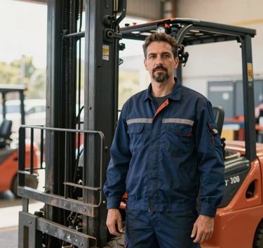 A professional mechanic in a clean navy blue uniform standing proudly next to a high-reach forklift in a Brazilian logistics center, warm natural lighting, confident stance, high-quality photography.