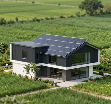 An wide-angle view of a contemporary sustainable home with sleek solar panels integrated into the architecture. The surrounding environment is a lush, vibrant green. The image uses a clean, intuitive aesthetic with a color palette including #0A1F26 in the architectural details and #EBF5F4 in the bright highlights.