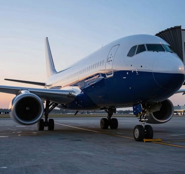 A low-angle, professional photograph of a large commercial aircraft at a modern North American / US airport gate during the blue hour, with soft ice blue and dark navy reflections on the sleek fuselage.