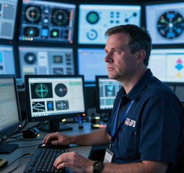 A professional in a North American / US aviation control center, surrounded by advanced communication tech, lit with deep blue and soft ice blue tones, looking focused and authoritative.