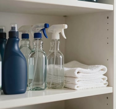 A macro photograph of an organized utility shelf in a modern North American home. Natural light illuminates clear glass bottles of cleaning solution and folded white microfiber cloths. The scene is crisp and professional, featuring off white and navy blue tones.