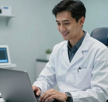A professional Brazilian dentist in a white clinical coat sitting in a modern office, looking at a laptop screen with a friendly and empathetic expression, pale blue and medium blue lighting.