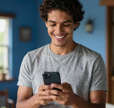 A happy person in a sunlit South American Brazilian home looking at their smartphone with a confident smile, professional photography, light grey-blue and dark blue atmosphere.