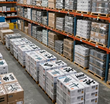 A wide-angle photography shot of an organized industrial warehouse in South Asia / India, stocked with neatly labeled boxes of Wiregrip electrical components under bright, clean lighting.