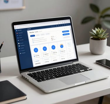 A professional desk setup in a North American home office featuring a modern laptop displaying a clean fintech dashboard with deep blue and white interface elements.