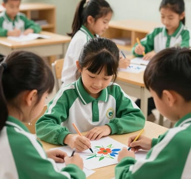 Candid photo of happy primary students wearing green and white uniforms, collaborating over a creative project in a sunlit, modern classroom with light wood furniture.