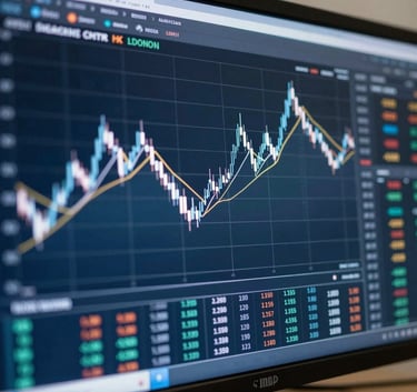A close-up of a high-resolution digital display showing financial line graphs and cryptocurrency symbols in white and steel blue tones, professional office setting, North American / International context.