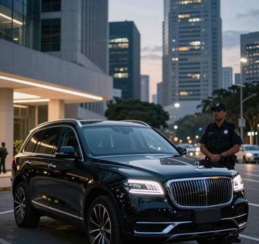 A cinematic shot of a luxury black SUV parked in a modern South American business district at dusk. A security professional is discreetly observing the surroundings. The style is authoritative and high-end, using deep blue and off-white lighting.