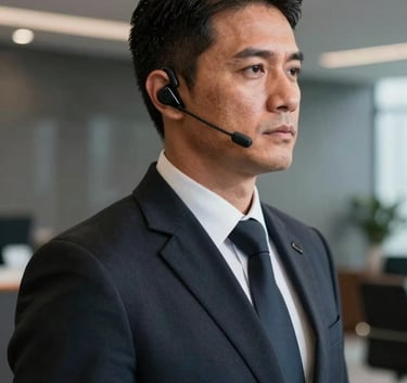 A close-up, sharp photograph of a professional security specialist in a dark tailored suit, with a discreet communication earpiece, standing in a sleek Brazilian corporate lobby. The lighting is professional and low-key, featuring dark navy and slate gray tones.