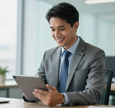 A professional Brazilian accountant in business attire, smiling and looking at a tablet in a bright, contemporary office environment. The style is clean and trust-inspiring, using grayish blue and light aqua accent colors.