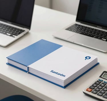 A clean, modern South American office desk in Santarém with a laptop, a calculator, and neatly stacked financial folders. The lighting is bright and professional, featuring soft blue and off-white tones from the brand palette.