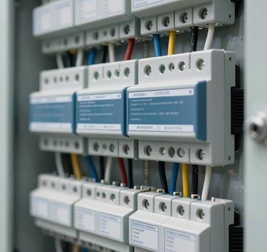 A close-up shot of a perfectly organized modern electrical distribution board with neat wiring and clear labels. The lighting is bright and industrial, highlighting expertise and safety. The composition is clean and technical, incorporating the #455A64 and #263238 brand colors through the metal and components.