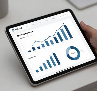 Close-up of a tablet on a sleek desk showing marketing analytics and conversion charts. The setting is professional and modern, with soft lighting and a palette of #4A6E82 and #F8F8F8.
