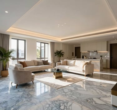 Interior photography of a bright, spacious living room in a high-end Spanish apartment. High ceilings, polished light blue gray marble floors, and elegant furniture. Warm, natural light floods the space.
