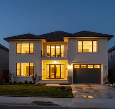A wide-angle photography shot of a modern luxury estate in North American suburbs at dusk. Warm gold lighting glows through floor-to-ceiling windows against a deep midnight blue sky.