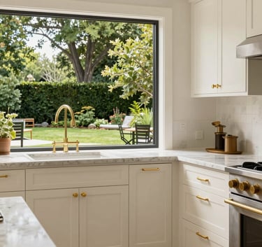Interior of a high-end contemporary kitchen with creamy parchment cabinets and gold fixtures, overlooking a lush green North American backyard. Sharp, clean composition.