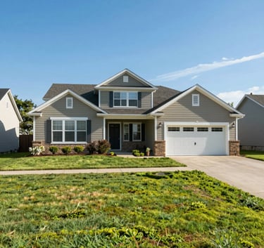A wide photography shot of a beautiful, clean suburban home in a North American / US neighborhood during a sunny day with vibrant moss green lawns and clear blue sky.