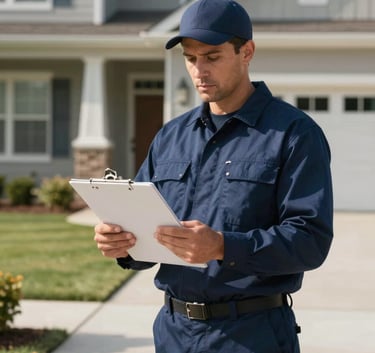 A professional pest control technician in a clean uniform standing outside a modern North American / US suburban home, holding a professional service clipboard, sunny day with soft shadows, deep navy and steel blue color palette.