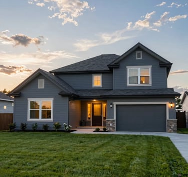 A clean, modern North American / US residential exterior at sunset, well-maintained lawn, high-end photography, cinematic steel blue and pale cloud white tones.