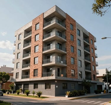 A beautiful low-angle photograph of a newly finished apartment complex in Granadero Baigorria, Argentina. The building features brick accents and modern balconies. The surrounding street is clean, with professional landscaping. The image uses a palette of Charcoal and Slate Green.