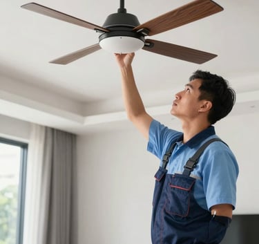 A professional technician in a neat uniform inspecting a ceiling fan installation in a modern Southeast Asian / Malaysian living room. The shot is technical and straightforward, emphasizing safety. Colors include Deep Navy Blue and Pale Sky Blue.