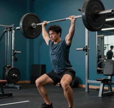 A person lifting heavy weights in a modern, clean gym with deep teal walls and high-end equipment, professional and motivating atmosphere.